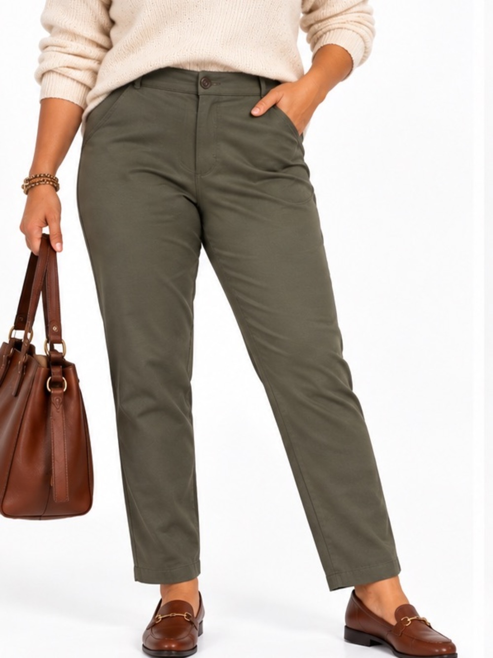 LL Bean Wrinkle-Free Bayside Twill Pants Olive Green Sz 14 Petite High Rise NWT